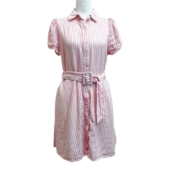 Alexis x Target Linen Blend Pink White Stripe Belted Button Mini Dress - Picture 1 of 12